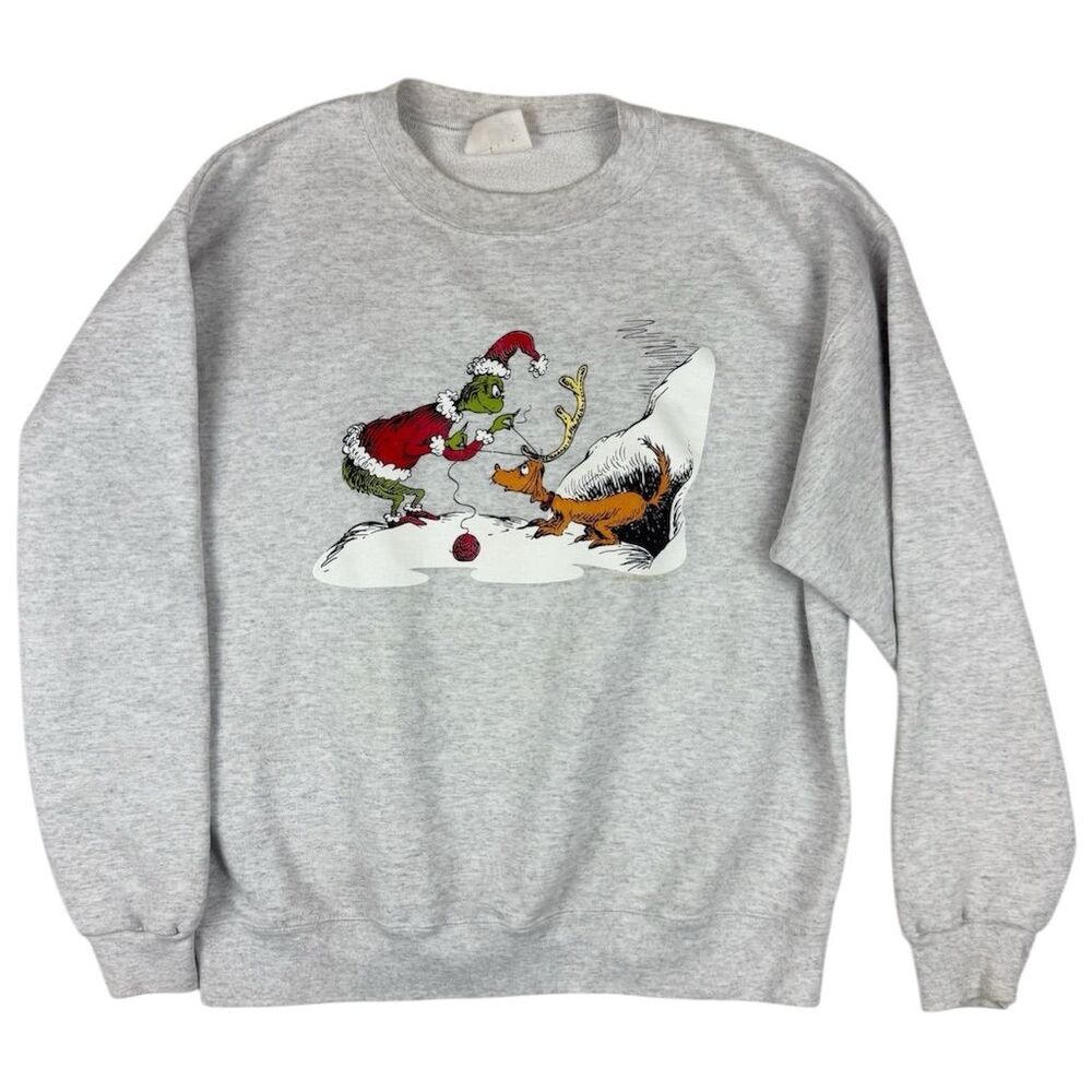 Vintage Dr. Seuss Grinch Christmas Sweatshirt Unisex M Gray Pullover Crewneck